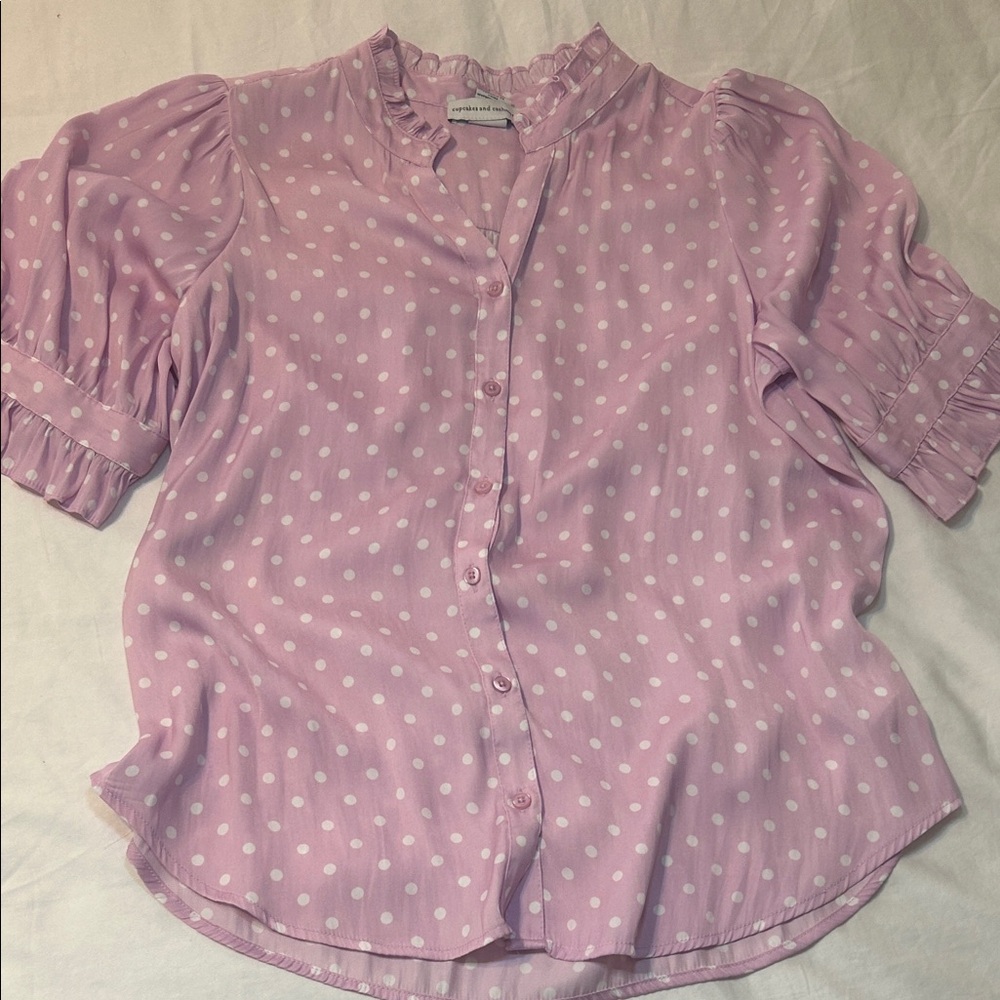 cupcakes & cashmere Lavender Polka Dot Blouse